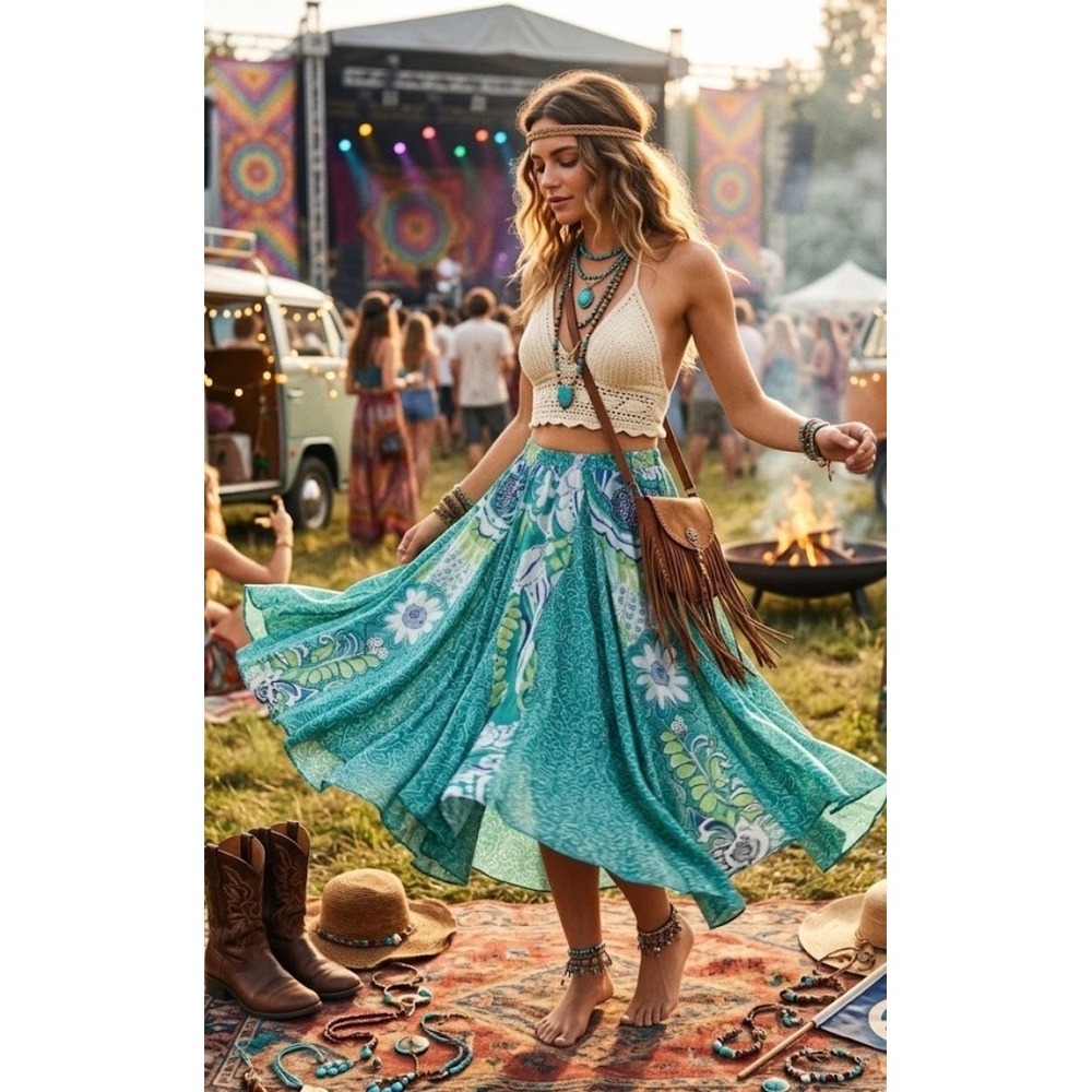 Bila Womens Teal Floral Paisley Cotton Maxi Skirt Elastic Waist Boho Size L